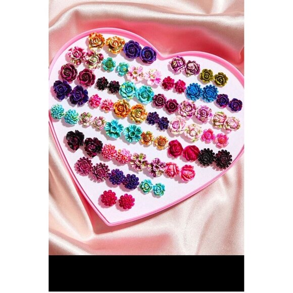 flower stud earring 36 pairs hypoallergenic small rose earring fuchsia neon pink - Picture 4 of 5